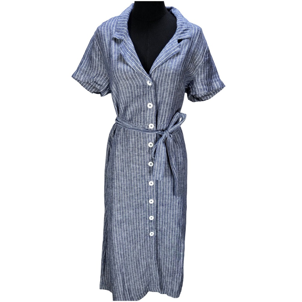 Women's Quince NWT Medium Blue Pinstripe 100% Linen Button Front Midi Shirtdress